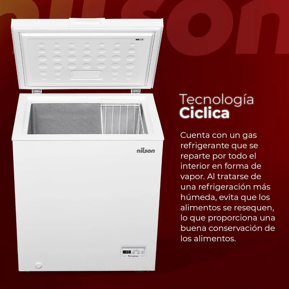 Nilson Congelador Horizontal Branco NCH1500EDC. Capacidade 142 Litros, Dual Cooling, 4 Estrelas, Modo Super Congelamento, Tecnologia Cíclica, Porta Basculante, 1 Cesto, Baixo Nível de Ruído