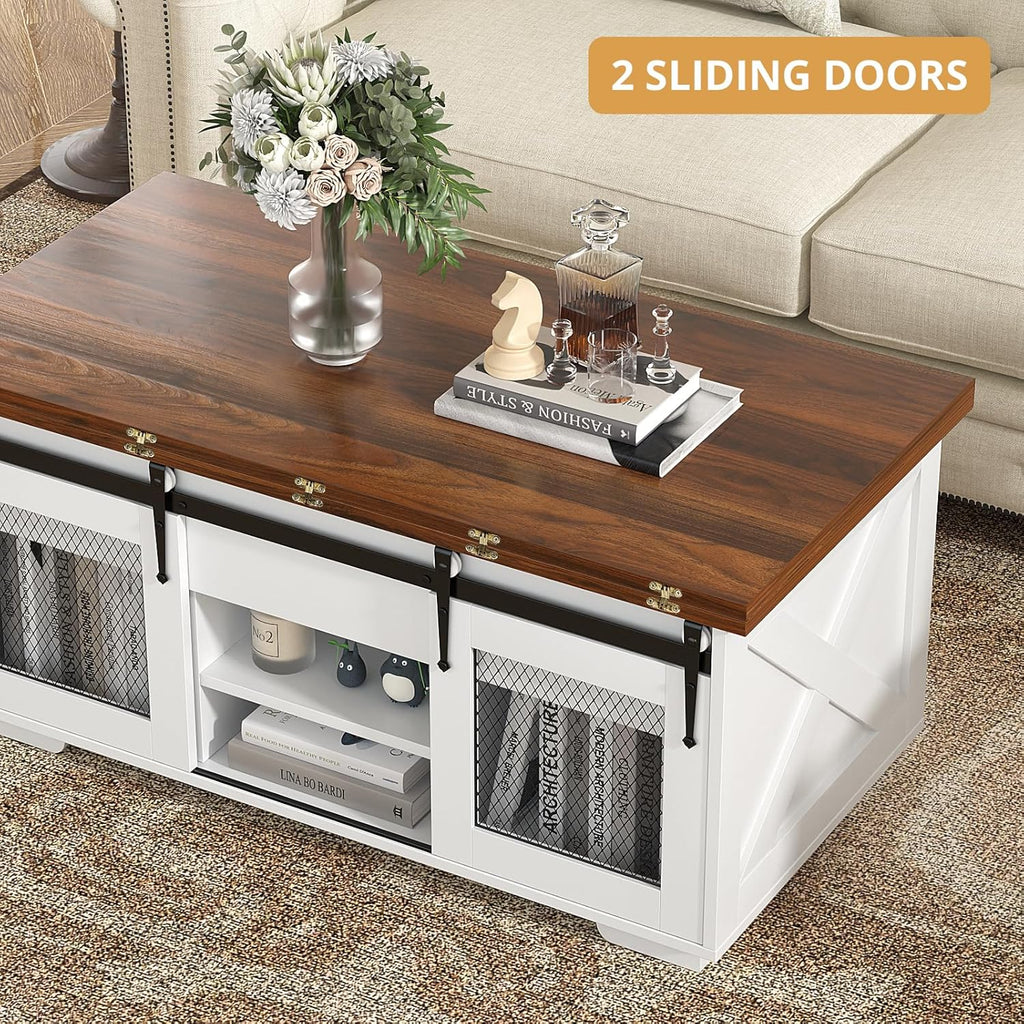 VOWNER Mesa de Centro Elevável, Mesa Extensível, Multifuncional 3 em 1 com Armazenamento Oculto - Sala de Jantar, Conversível, Estilo Fazenda, Nogueira