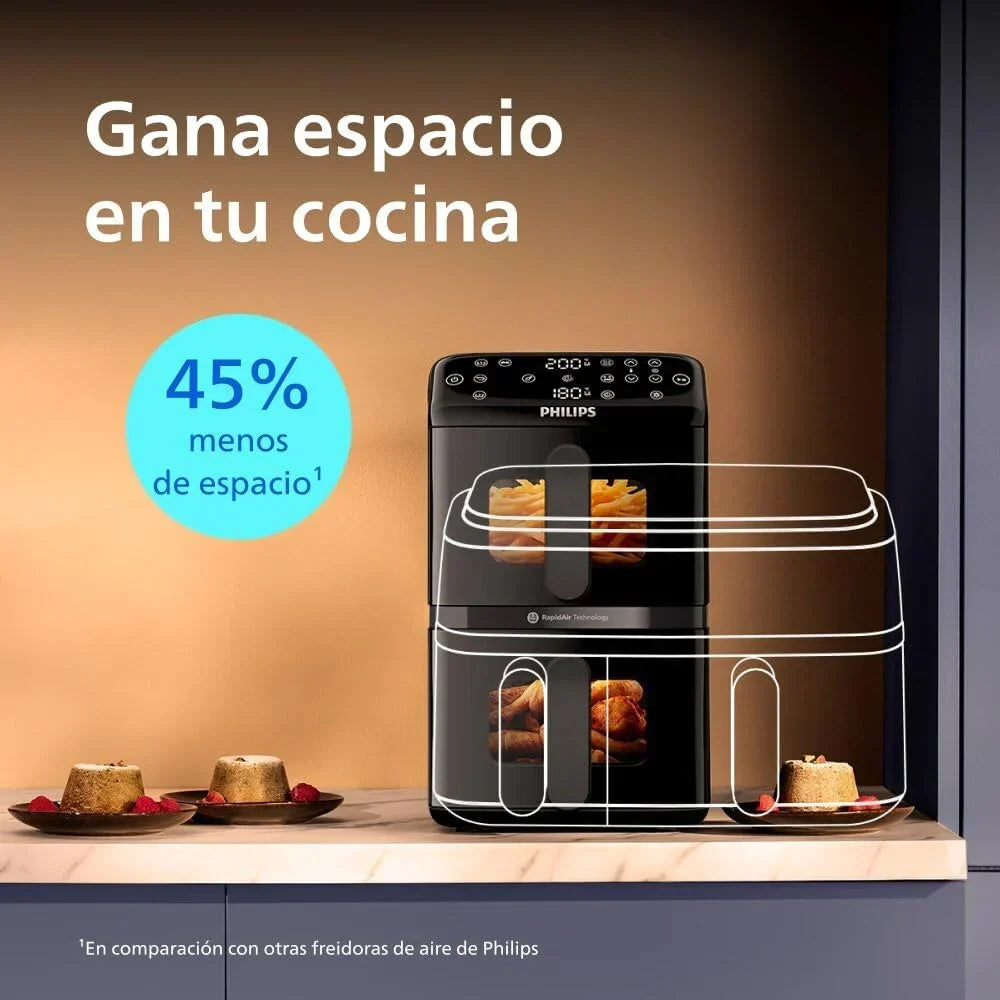 Fritadeira sem Óleo Philips Airfryer Série 4000 Cesto Vertical Duplo 10L – Tecnologia RapidAir, Sincronização, 2 Cestos Simultaneamente, 45% Menos Espaço, Revestimento Cerâmico Livre de PFAS, Janelas de Visualização (NA460/00)
