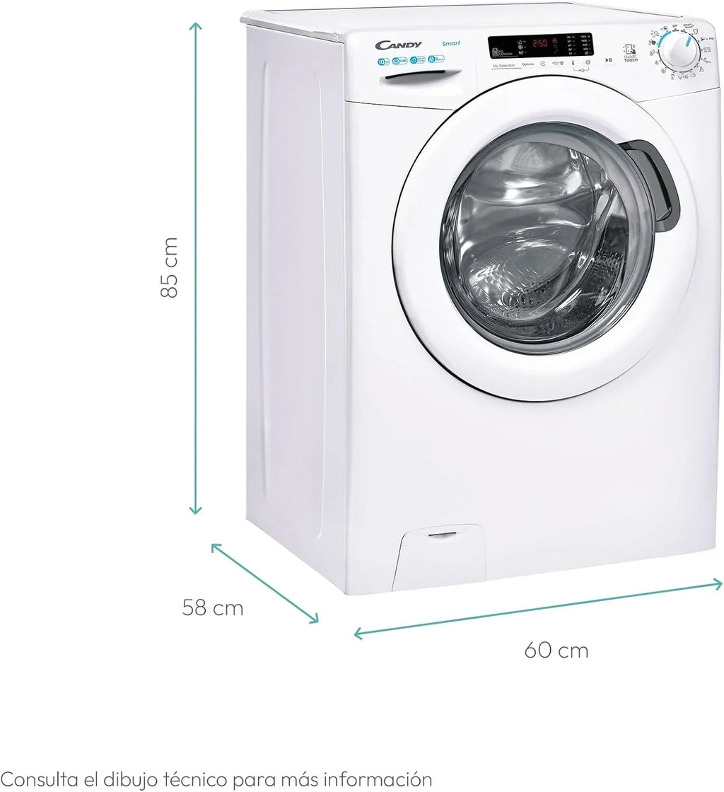 Candy Smart CS 14102DE/1-S, Máquina de Lavar 10 kg, 1400 RPM, Display e Controlo Digital, Tecnologia NFC, Assistente de Voz, 15 Ciclos, 5 Rápidos, Fácil Passar, Início Retardado 24H, Detetor de KG, 81 DB, Branco