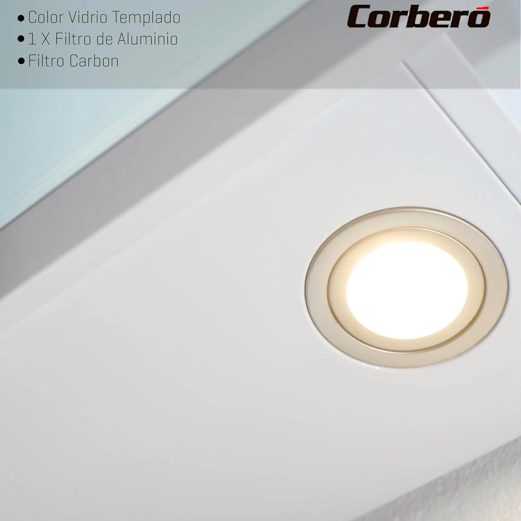 Corberó - Coifa de Parede 90 cm | VICTORIA960W | 594,2 m3/h | 67db | 165W | 3 Velocidades | Controle Touch | Vidro Temperado | Filtro de Alumínio + Filtro de Carvão | Vidro Branco