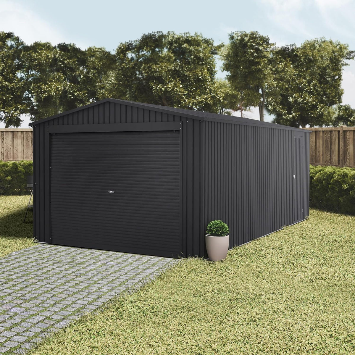 Wasabi - Garagem Metálica 19,52m2 Jarama – Portão Amplo Enrolável - Abrigo Exterior para Carros - Fecho de Segurança com Chave - Porta Lateral Pedonal - Garagem de Armazenamento para Jardim – 576x338x243cm