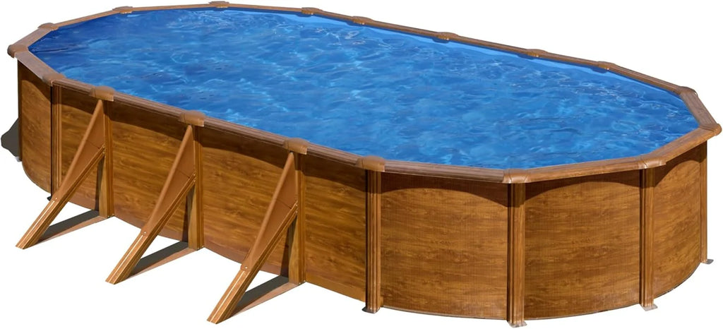 Piscina Elevada de Aço, Oval com Aspecto Madeira. Piscinas Desmontáveis para Jardim. 730 x 375 x 120 cm - Piscina Gre KIT730W Pacific.