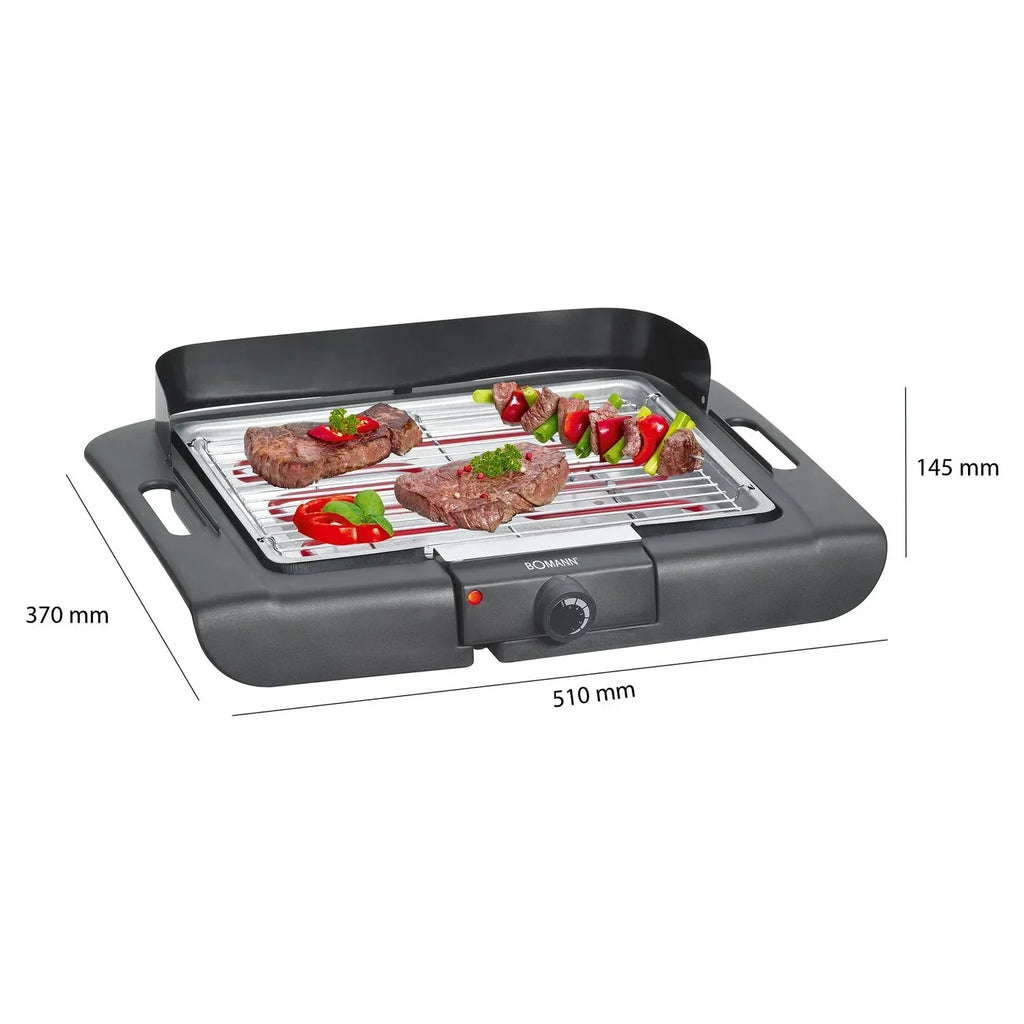 Churrasqueira Elétrica, Grelha Cromada 36 X 25 Cm, Termostato, Proteção Frontal Contra Vento, Bandeja Coletora de Gordura Preta 2000w Bomann Bq 2243 Cb
