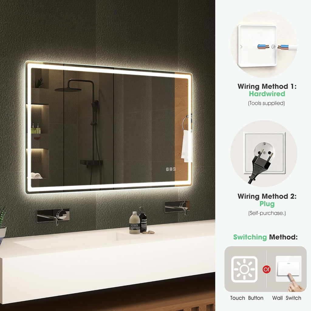 S'bagno Espelho de Banheiro com Luz 120x70cm, Espelho de Banheiro LED Bluetooth com Função Antiembaciamento, 3000K/4000K/6500K, Regulável, Memória, Vidro Temperado HD, IP44-Espelhos de Banheiro com LED, Horizontal/Vertical