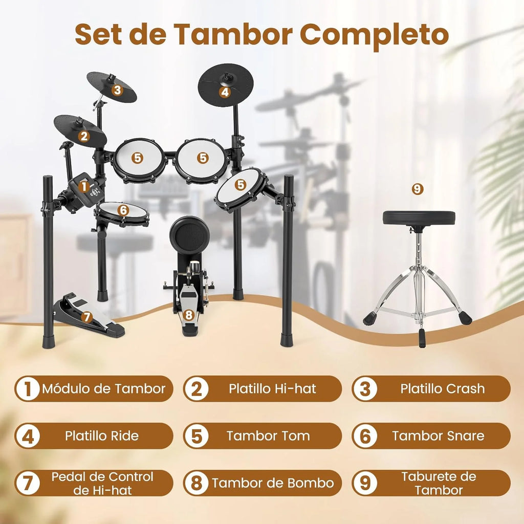 COSTWAY Bateria Eletrónica, Kit de Bateria Dobrável com Pads de Malha Silenciosos, Prato, 225 Sons e 30 Demos, Metrônomo e USB MIDI, Bumbo, 2 Baquetas, Banco Ajustável, para Adultos e Crianças