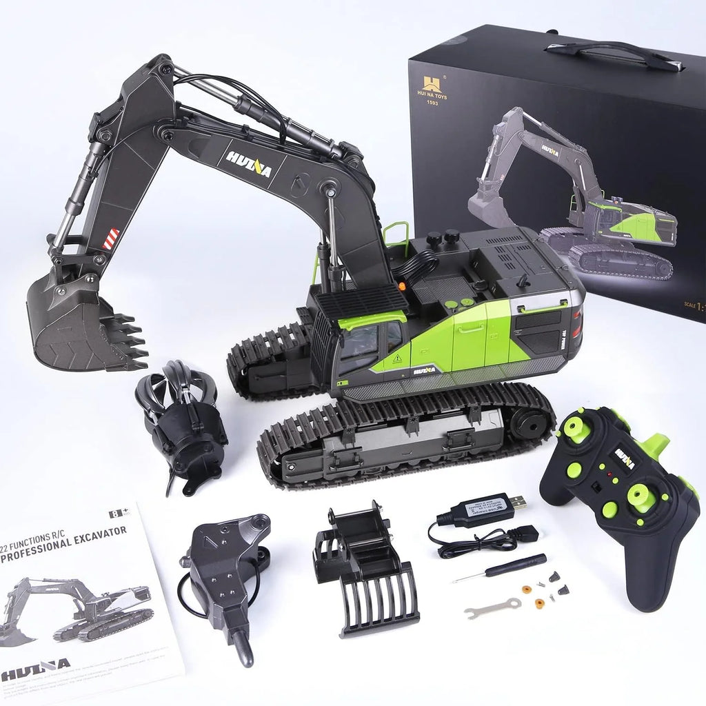 Escavadeira Brinquedo Grande 1:14, Escavadeira de Brinquedo 22 Canais com Funções Completas, Escavadeira de Controle Remoto RC +2 Baterias+3 Acessórios, Brinquedo de Pá RC, Brinquedo de Guindaste para Crianças de 4 6 8 10 14+ Anos