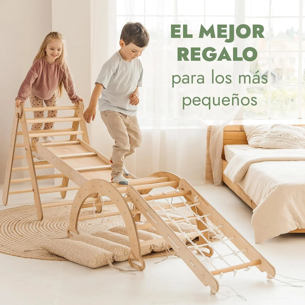Conjunto de Escalada Montessori 5 em 1 para Crianças - Ginásio de Escalada de Madeira com Escada Triângulo, Arco, Rampa de Escalada, Rede e Almofada - Ginásio de Madeira para Crianças