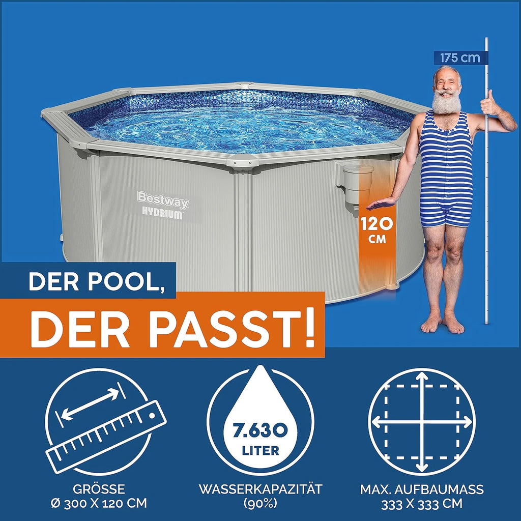 Bestway Hydrium - Piscina de Parede de Aço com Filtro de Areia, diâmetro de 300 x 120 cm, Cinza, Redonda