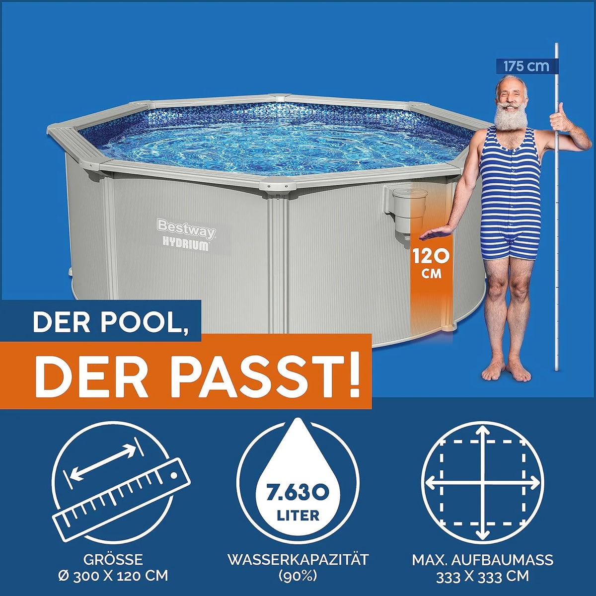 Bestway Hydrium - Piscina de Parede de Aço com Filtro de Areia, diâmetro de 300 x 120 cm, Cinza, Redonda