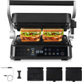 AMZCHEF Grelhador Elétrico com 6 Programas, Função Selar até 280°C, Modo Manual, Sensor de Temperatura, Placas Removíveis e Tabuleiro de Waffles, Ideal para Carne, Peixe, Paninis e Waffles