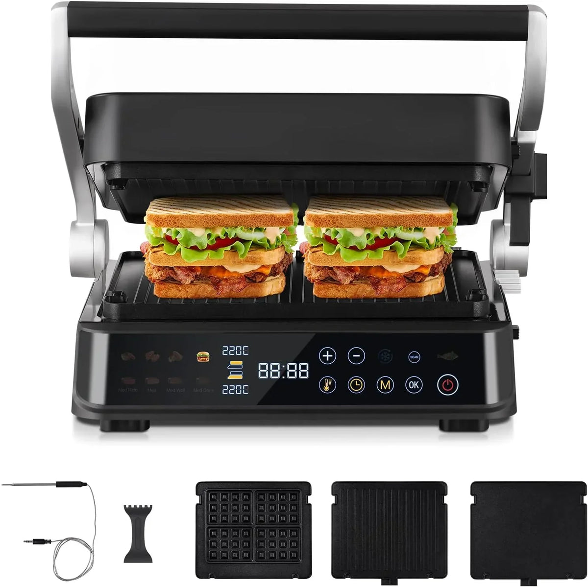 AMZCHEF Grelhador Elétrico com 6 Programas, Função Selar até 280°C, Modo Manual, Sensor de Temperatura, Placas Removíveis e Tabuleiro de Waffles, Ideal para Carne, Peixe, Paninis e Waffles