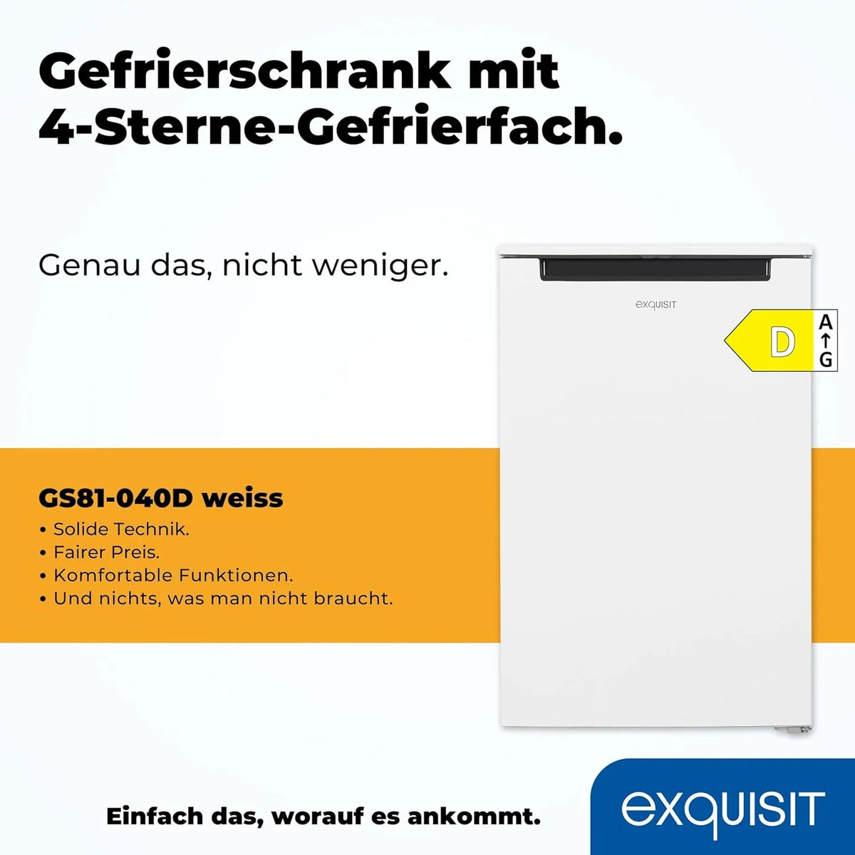 Congelador vertical Exquisit, 87L, 4 estrelas, classe D, cor branca, 3 gavetas, degelo manual, termostato ajustável, porta reversível, 40 dB, consumo 132 kWh/ano, 85,5x54,5x58 cm