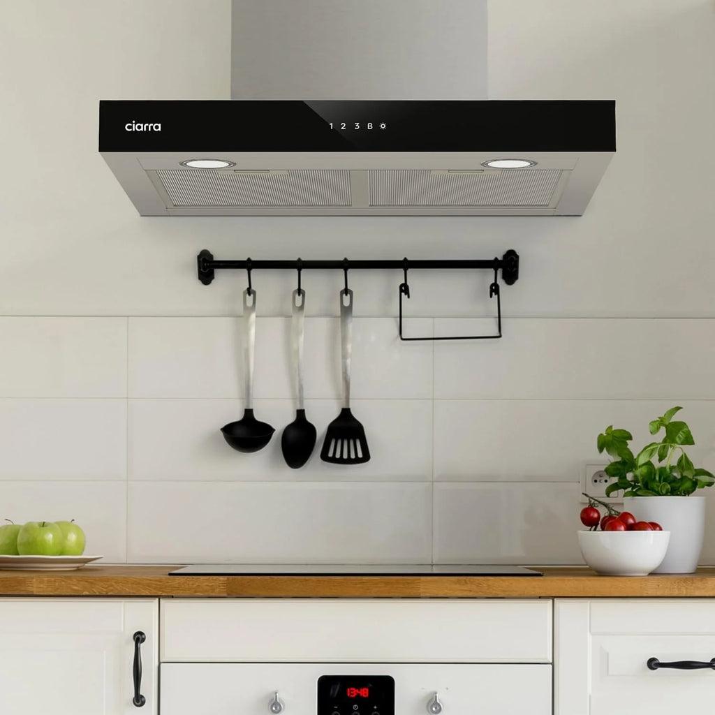 Ciarra CBCS6102 Coifa de Parede 60cm 650 m³/h - Controlo Tátil e Wifi - 4 Velocidades - Exaustão Externa e Recirculação Interna por Filtro de Carvão CBCF003 - Aço Inoxidável