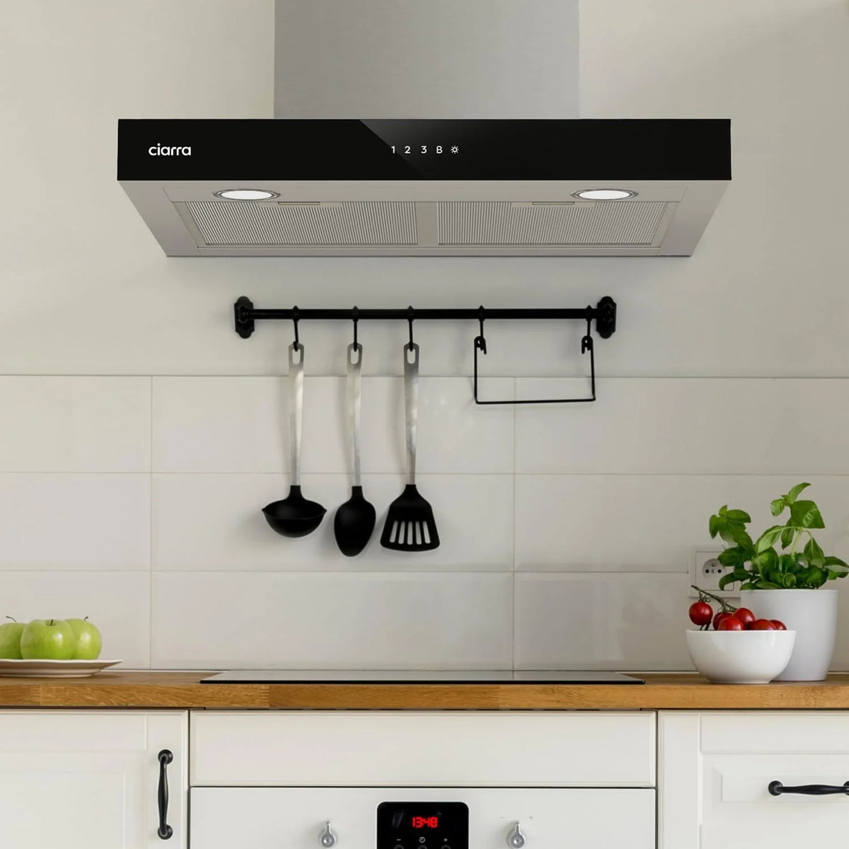 Ciarra CBCS6102 Coifa de Parede 60cm 650 m³/h - Controlo Tátil e Wifi - 4 Velocidades - Exaustão Externa e Recirculação Interna por Filtro de Carvão CBCF003 - Aço Inoxidável