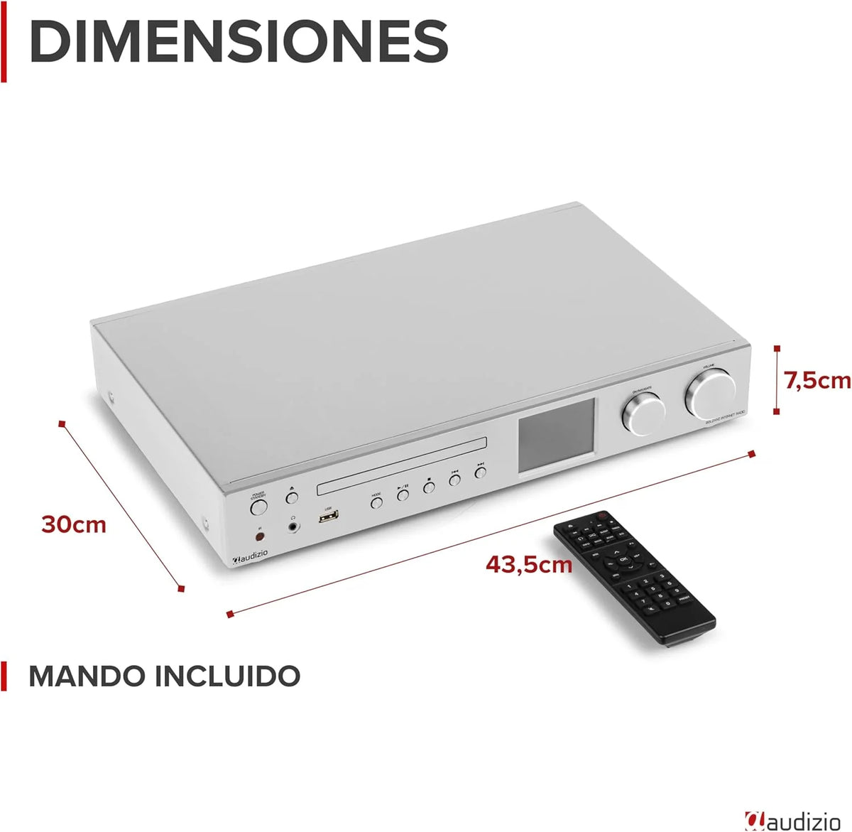 Audizio Bolzano - Rádio Internet DAB+ e FM WLAN Bluetooth, Leitor de CD, Spotify Connect, Despertador, 40.000 Estações, Controlo Remoto e por App, Conexão Toslink e Subwoofer, Prateado