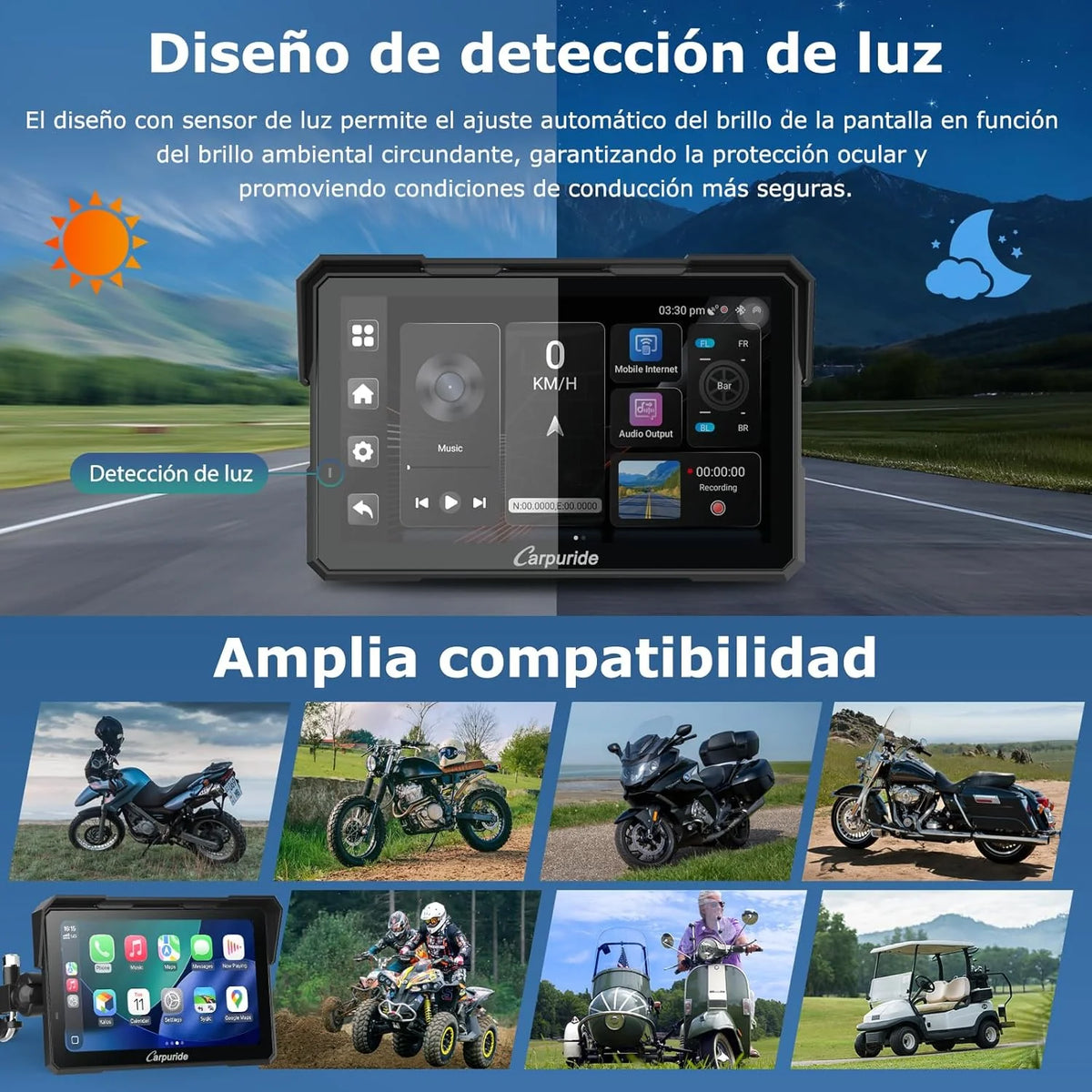 Carpuride W702 Plus Android 14 Motocicleta Carplay Tela com Câmera Dupla, CarPlay e Android Auto Sem Fio, Tela Sensível ao Toque à Prova d'Água de 7", Áudio BT, Gravação em Loop, Navegação Online e Offline.