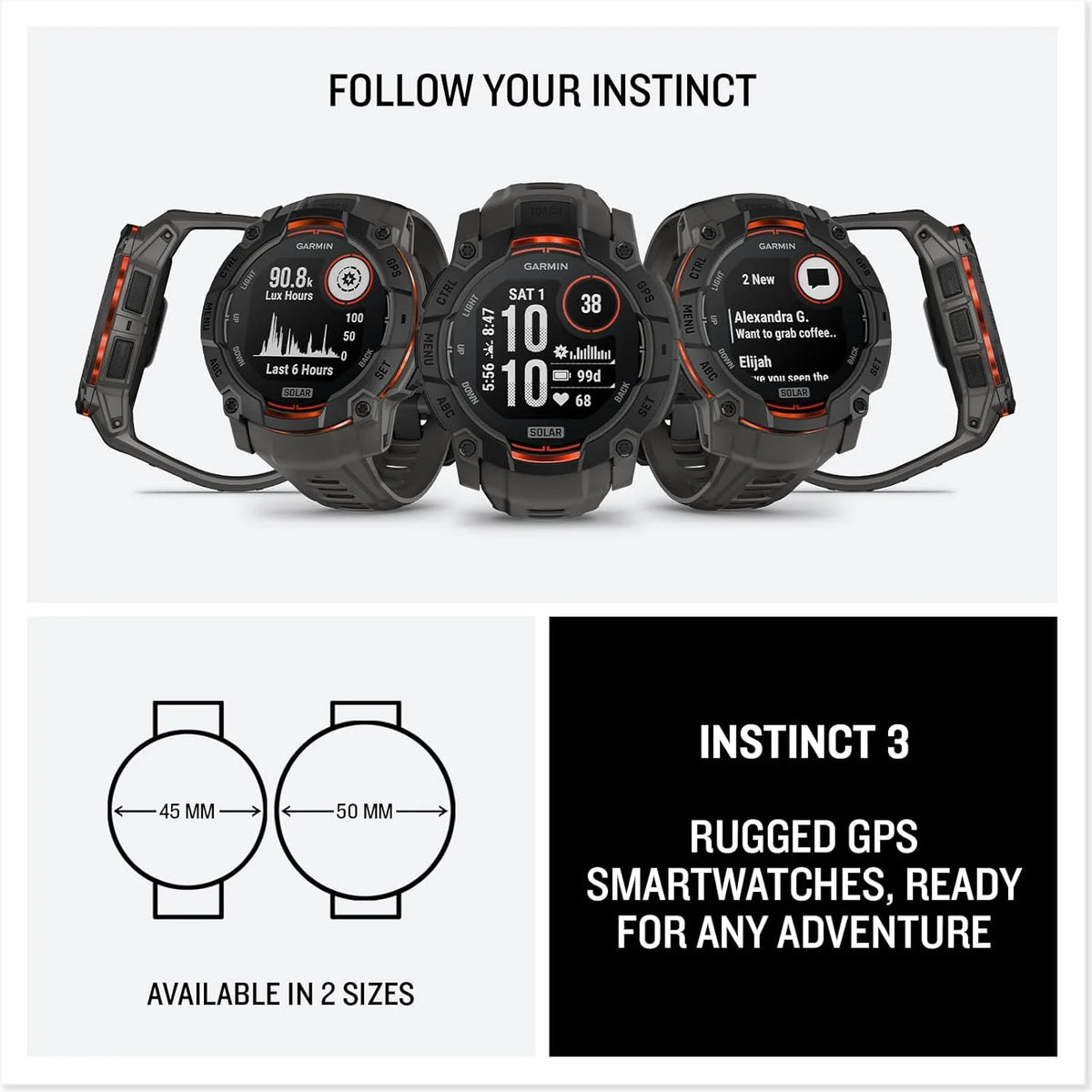 Smartwatch Garmin Instinct 3 GPS 50mm, Solar, Bisel Preto