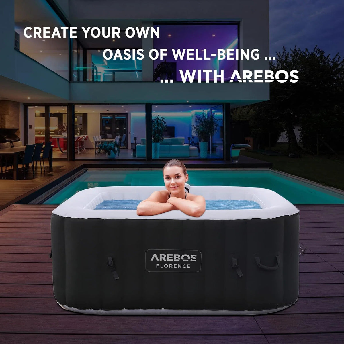 Arebos SPA Inflável Hidromassagem | Inflável | Quadrado | para Interior e Exterior | 154x154cm | 4 Pessoas | 130 Jatos de Massagem | 600 L