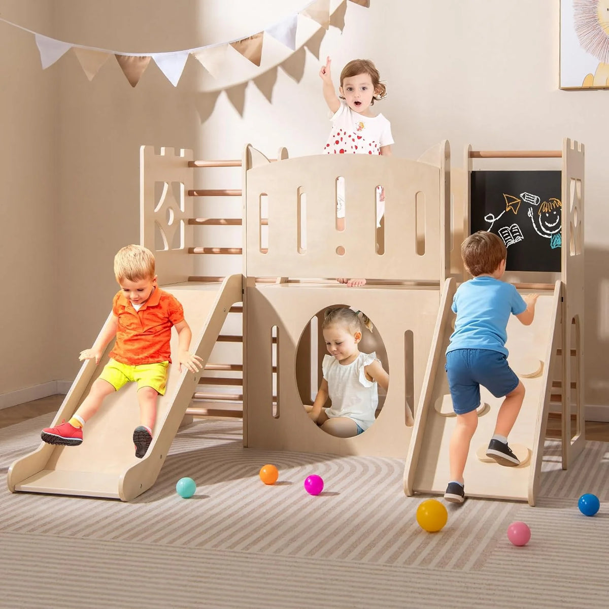 Parque Infantil Interno de Madeira Costway 8 em 1, Tema de Castelo, Escorregador, Escalador, Escadas, Armazenamento, Quadro-Negro, Túnel, Brinquedo Montessori para Crianças a Partir de 3 Anos