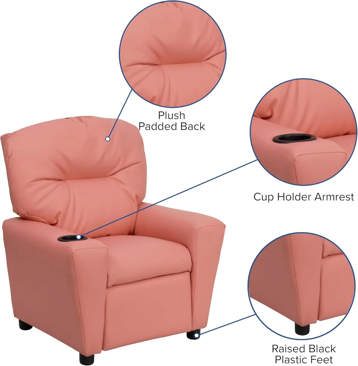Poltrona Reclinável Infantil Contemporânea Flash Furniture com Porta-Copos, Madeira, Vinil Bege, 66,04 x 53,34 x 53,34 cm