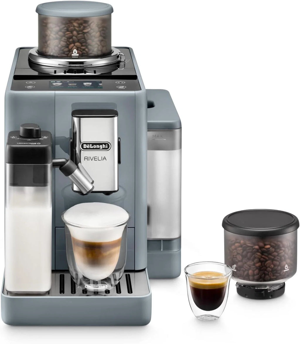 De'Longhi Rivelia EXAM440.55.G, Cafeteira Superautomática com LatteCrema Hot, Espumador de Leite Automático, Tamanho Compacto, 16 Receitas, Ecrã Tátil a Cores, Cinzento
