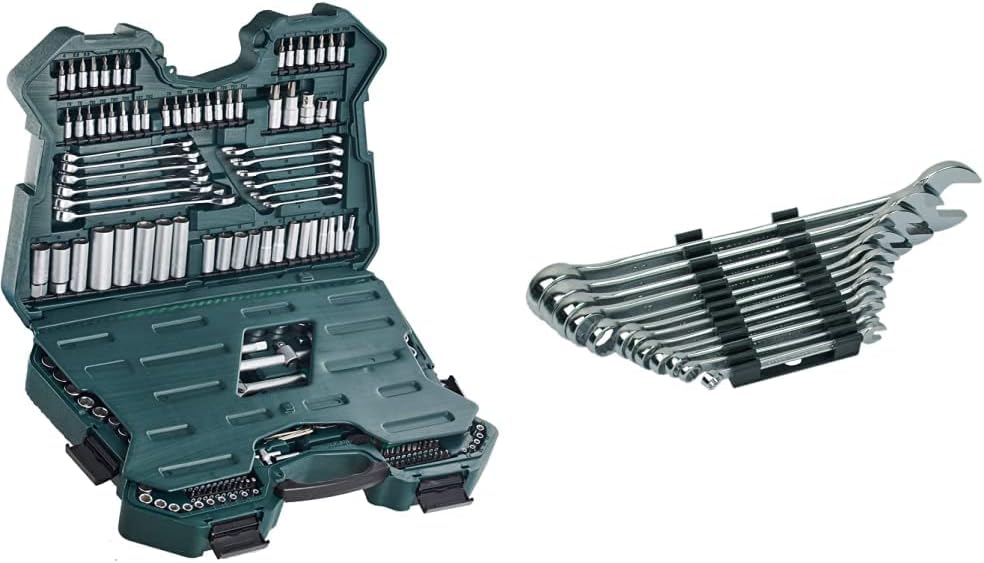 Mannesmann M98430 - Maleta de soquetes e outras ferramentas (215 peças, tamanho: 12x36x51 cm), Cor Verde Mannesmann