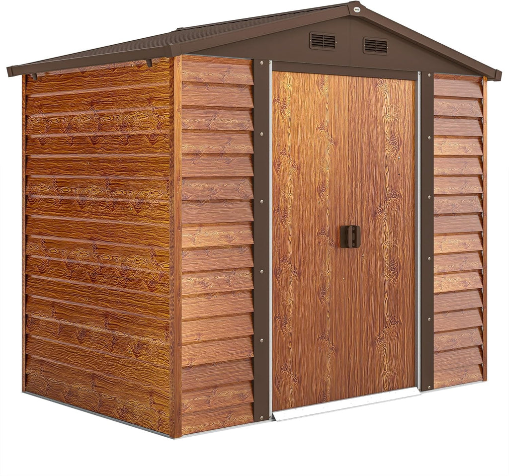 Outsunny Abrigo de Jardim Exterior 3 m² 235,7x152x208,7 cm Abrigo de Jardim Exterior Metálico com 2 Portas Deslizantes e 4 Janelas para Armazenamento de Ferramentas Efeito Madeira Natural e Café