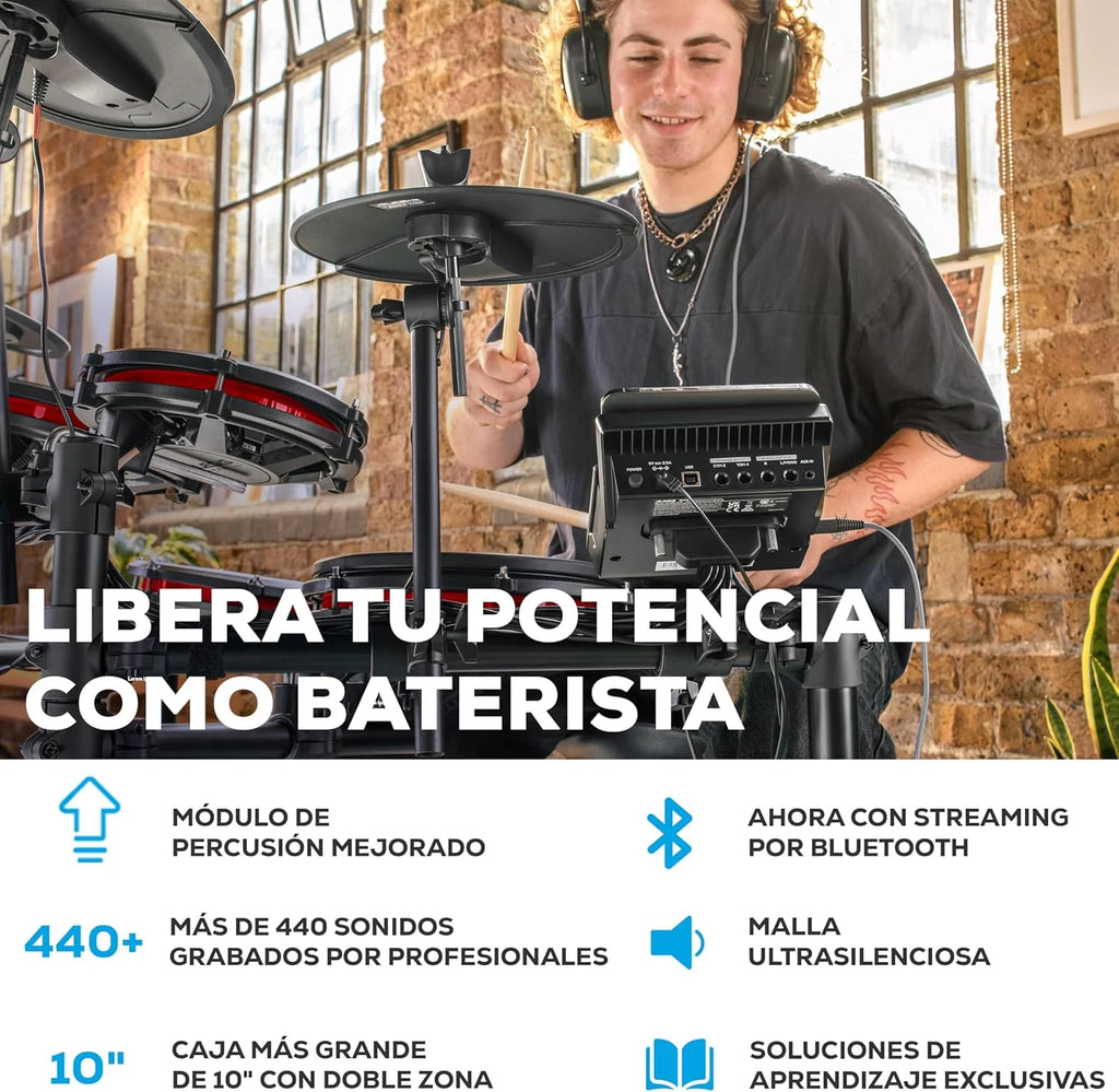 Alesis Nitro Max Kit Bateria Eletrônica com Pads de Mesh Silenciosos, Caixa Dual-Zone de 10", Bluetooth, Mais de 440 Sons Autênticos, Aulas Drumeo, USB MIDI, Pedal de Bumbo