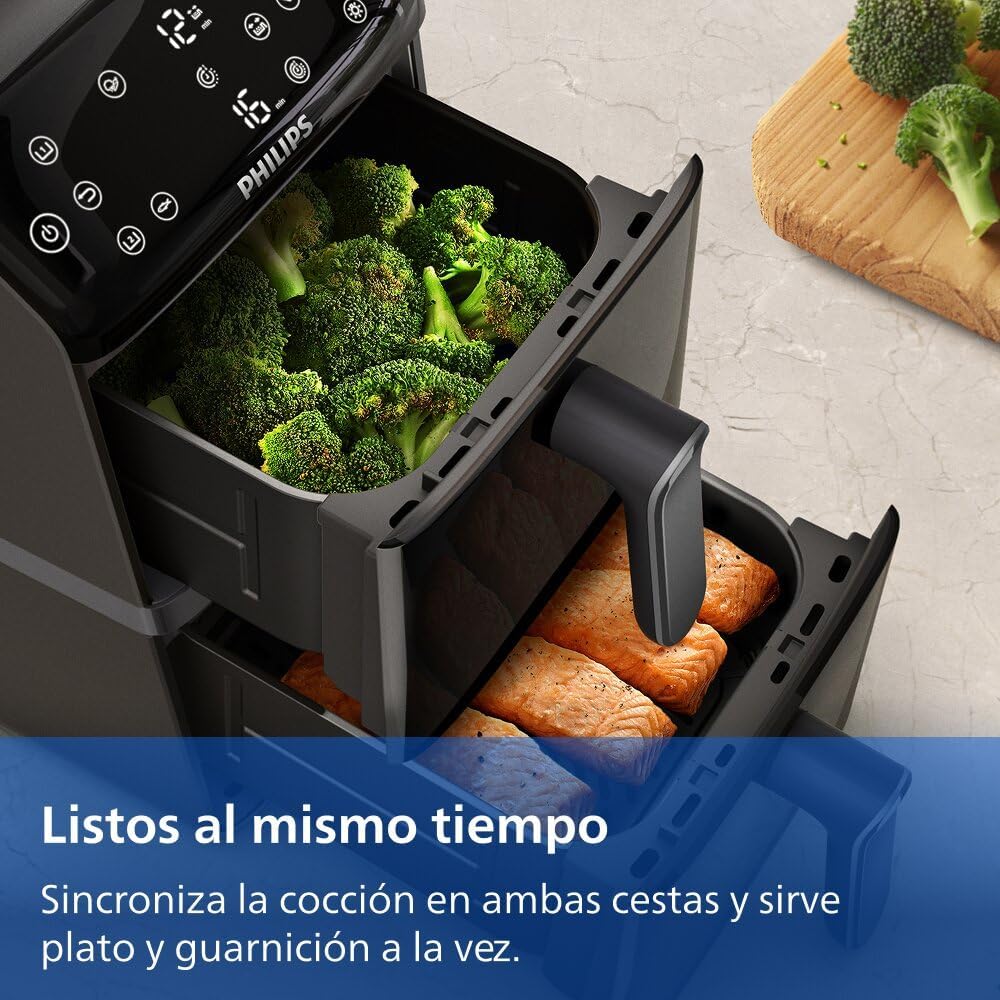 Fritadeira sem Óleo Philips Airfryer Série 4000 Cesto Vertical Duplo 10L – Tecnologia RapidAir, Sincronização, 2 Cestos Simultaneamente, 45% Menos Espaço, Revestimento Cerâmico Livre de PFAS, Janelas de Visualização (NA460/00)