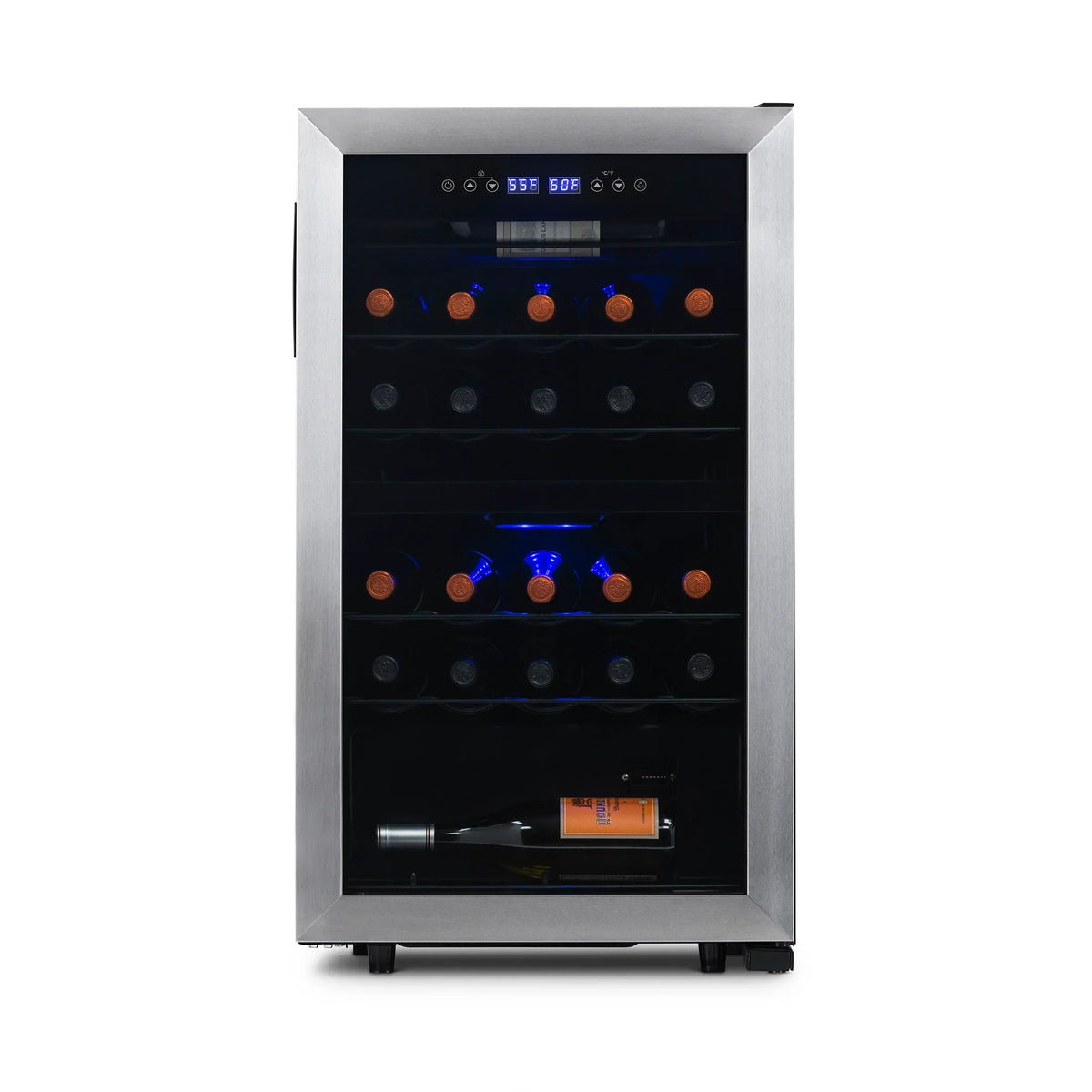 2026 Refrigerador de Vinhos Independente Newair® – 28 Garrafas (48 cm), Zona Dupla, Aço Inoxidável