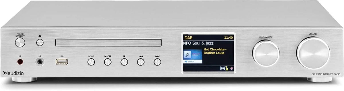 Audizio Bolzano - Rádio Internet DAB+ e FM WLAN Bluetooth, Leitor de CD, Spotify Connect, Despertador, 40.000 Estações, Controlo Remoto e por App, Conexão Toslink e Subwoofer, Prateado