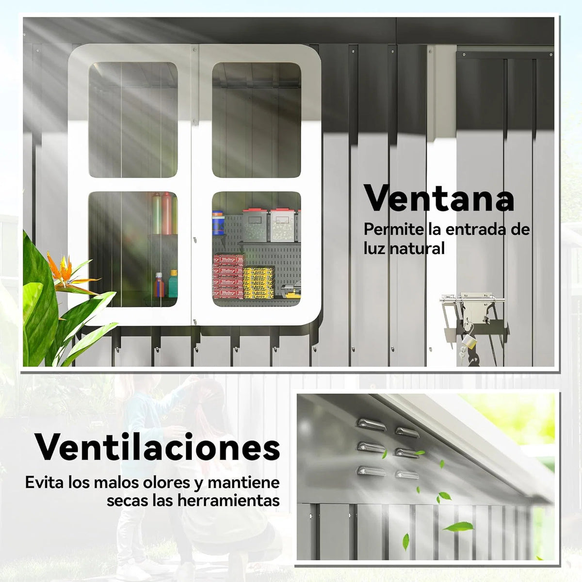 Outsunny Galpão de Armazenamento para Jardim Exterior, 2,55 m² 221x133x190 cm, Abrigo Metálico para Ferramentas com Janela, Porta com Fechadura e Ventilação, Cinza Escuro