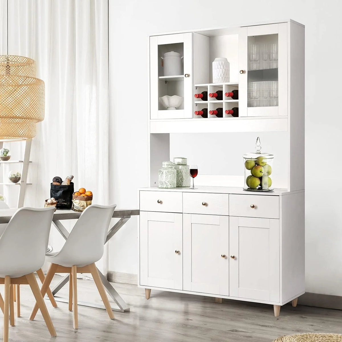 VOWNER Armário Aparador de Cozinha/Buffet, 100L x 38W x 181H cm, Armário Auxiliar de Armazenamento, 5 Portas e 5 Prateleiras Ajustáveis, Branco