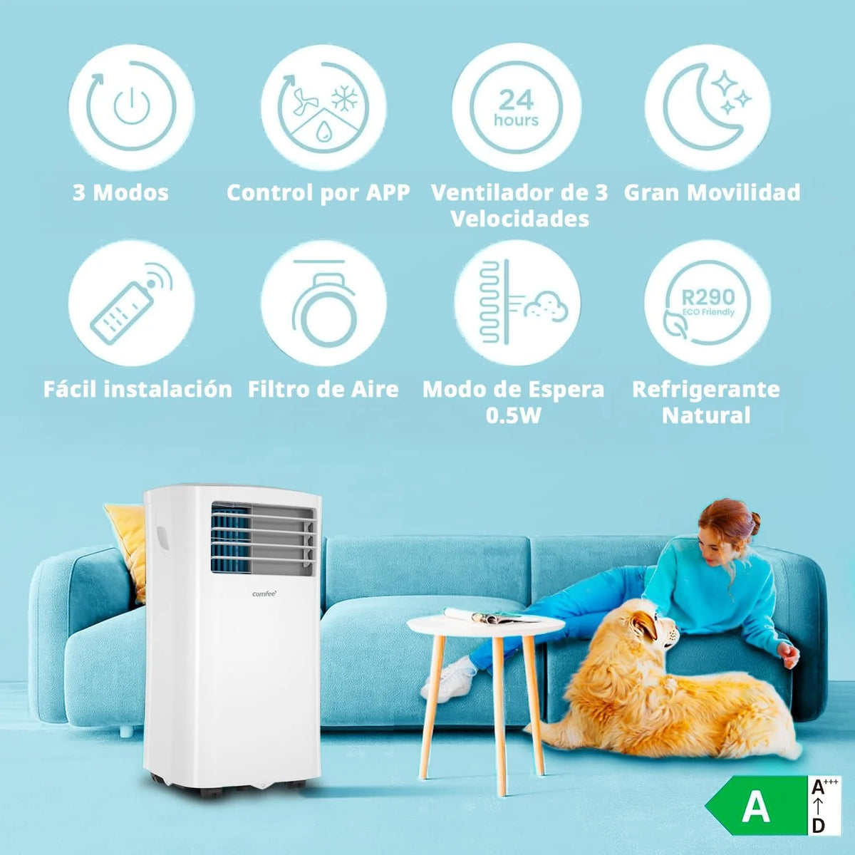 COMFEE Pinguino Ar Condicionado Portátil 8000 BTU / 2000 Frigorias – Climatizador sem unidade exterior – Resfriador Silencioso Baixo Consumo com Kit de Janela | 3x1 Refrigera, Ventila e Desumidifica