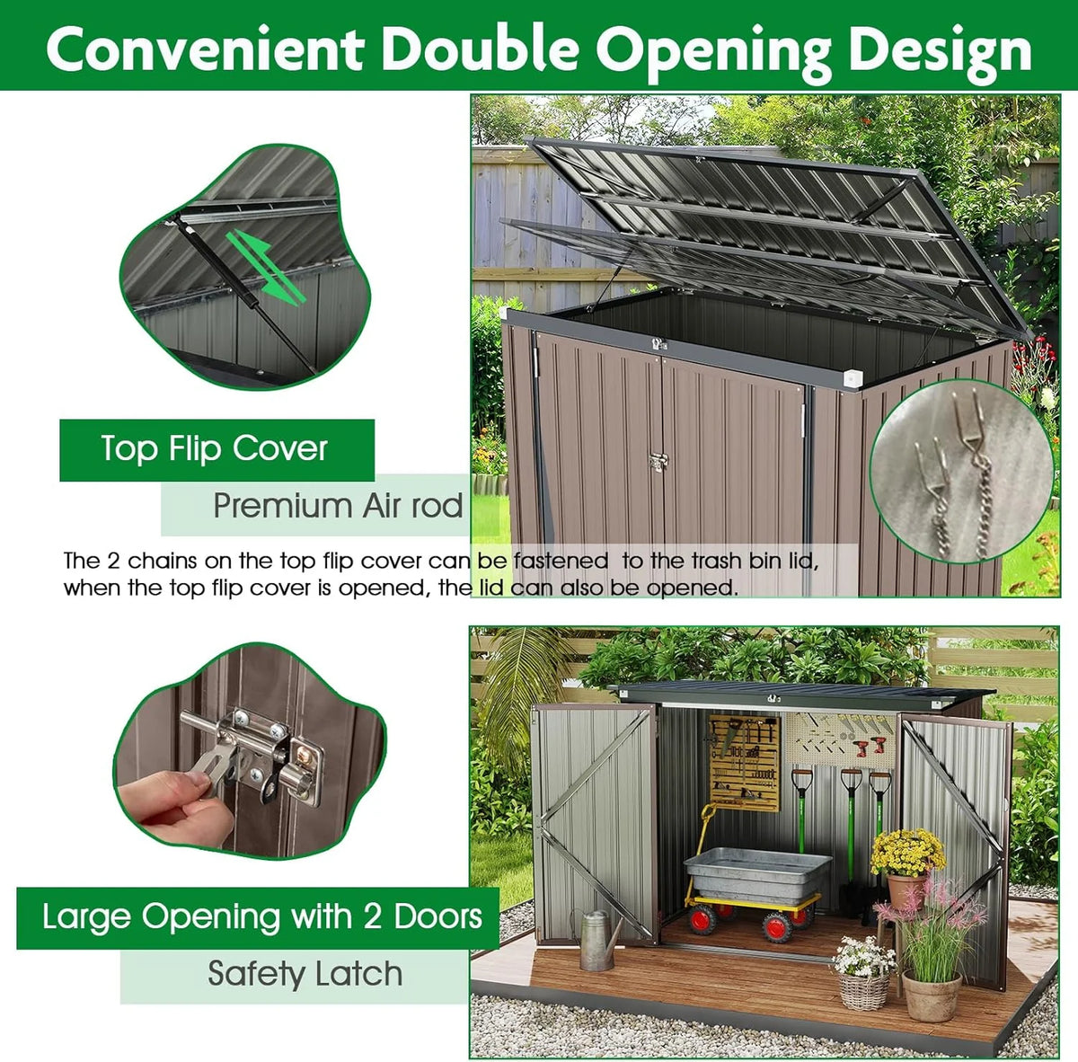 HOMASIS Galpão de Jardim, Armário Metálico com Teto Articulado para Exterior, Abrigo de Ferramentas com Porta Dupla, Alta Resistência para Fazenda, Terraço, 172x101x130cm, Cinza (Cinza Quente)