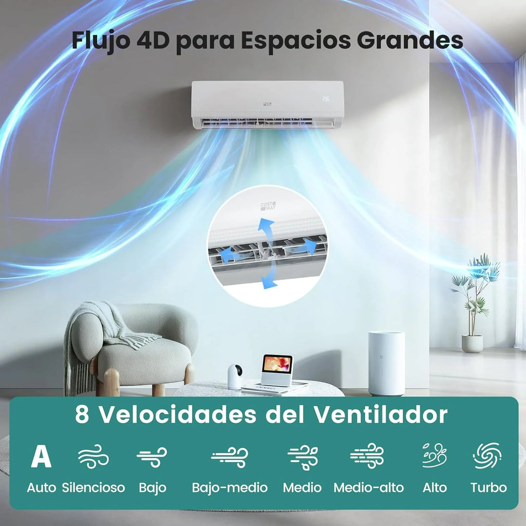 Ar Condicionado Split COSTWAY, 2,6 kW, Ar Condicionado com Aquecimento e Bomba de Calor, Refrigerante: R32, Aquecedor e Resfriador com Kit de Instalação para Cômodos de até 70m³ (9000BTU)