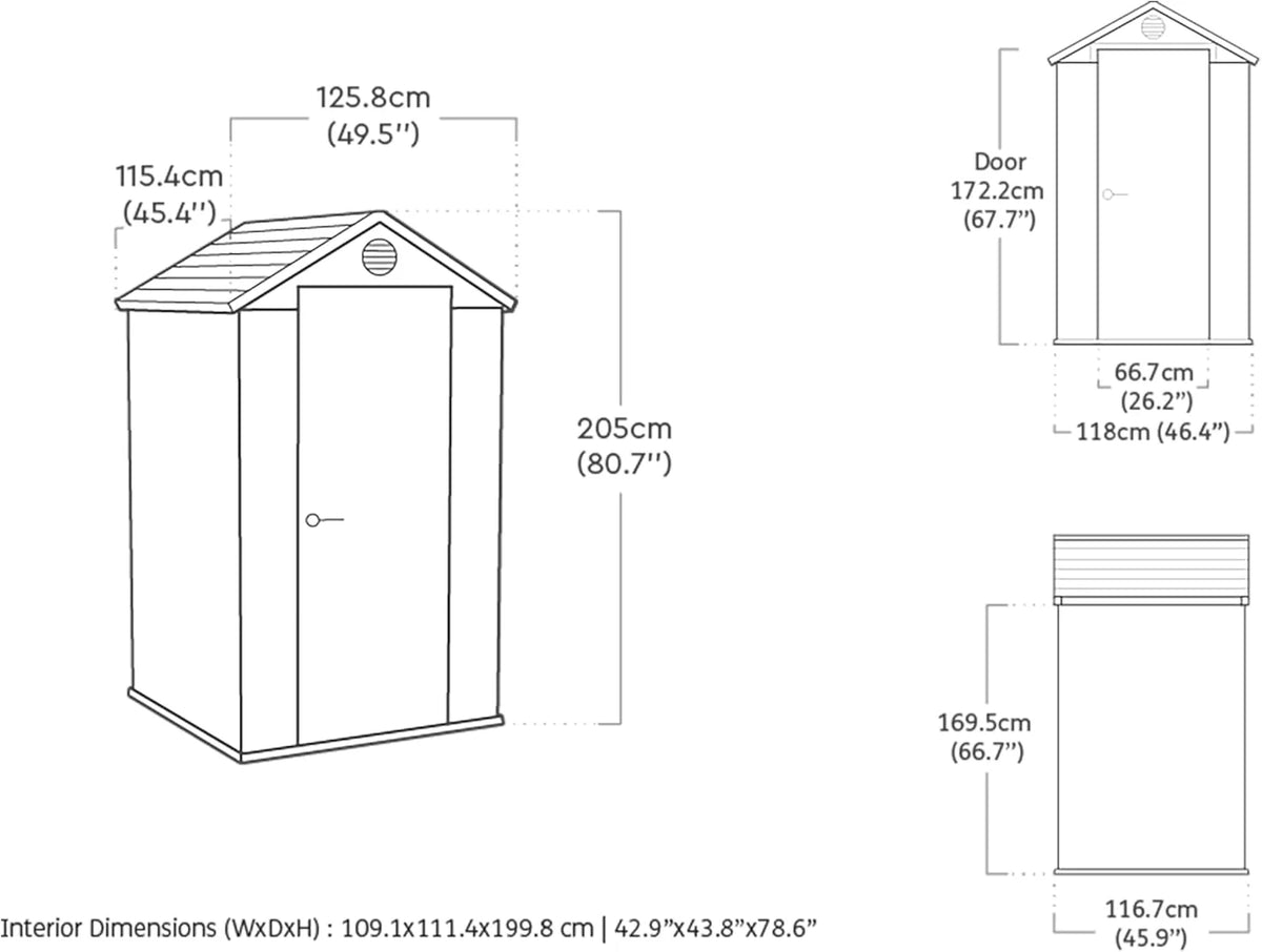 KETER Darwin 4x4, Abrigo de Jardim, 125,8 x 117 x 205 cm e 1,4 m2, Chão, Sistema de Ventilação, Porta e Janela, Resistente à Água, Cor Cinza