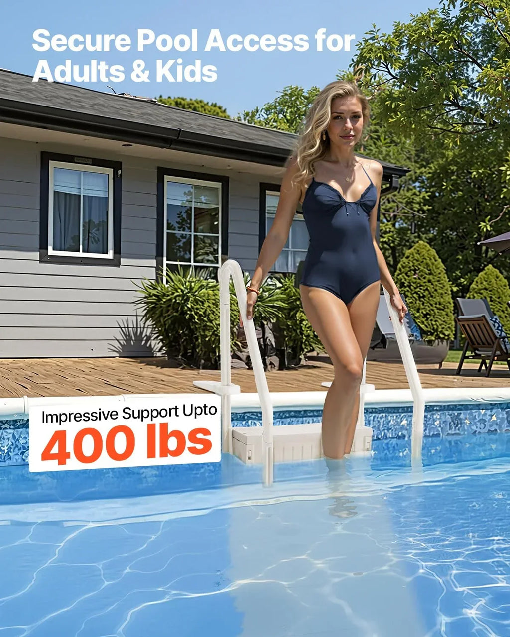 Escada VEVOR para Piscina, 4 Degraus com Corrimãos Duplos e Degraus Antiderrapantes Reforçados, Capacidade de Carga de 181 kg para Piscinas Enterradas e de Superfície, Branco Leitoso, 874 x 810 x 1985 mm