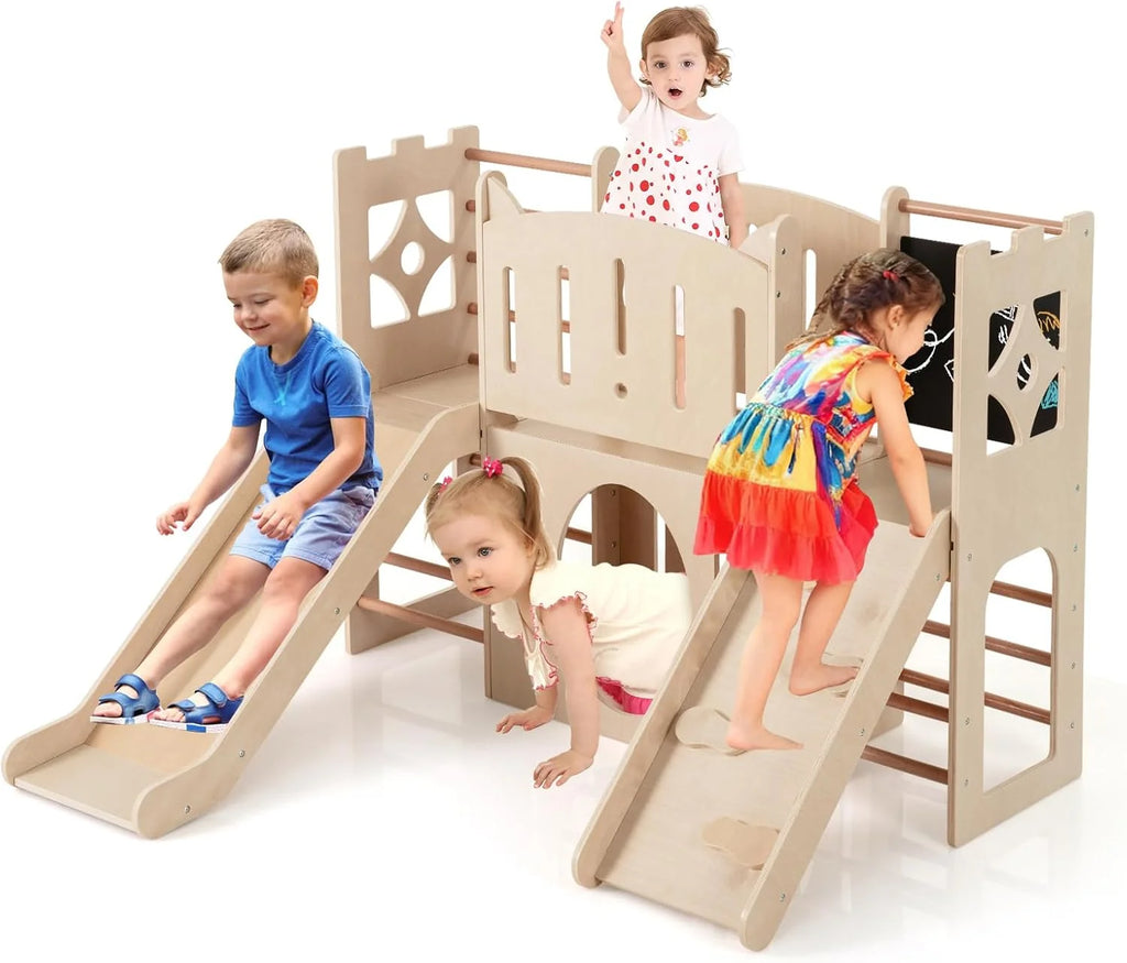 Parque Infantil Interno de Madeira Costway 8 em 1, Tema de Castelo, Escorregador, Escalador, Escadas, Armazenamento, Quadro-Negro, Túnel, Brinquedo Montessori para Crianças a Partir de 3 Anos