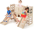 Parque Infantil Interno de Madeira Costway 8 em 1, Tema de Castelo, Escorregador, Escalador, Escadas, Armazenamento, Quadro-Negro, Túnel, Brinquedo Montessori para Crianças a Partir de 3 Anos