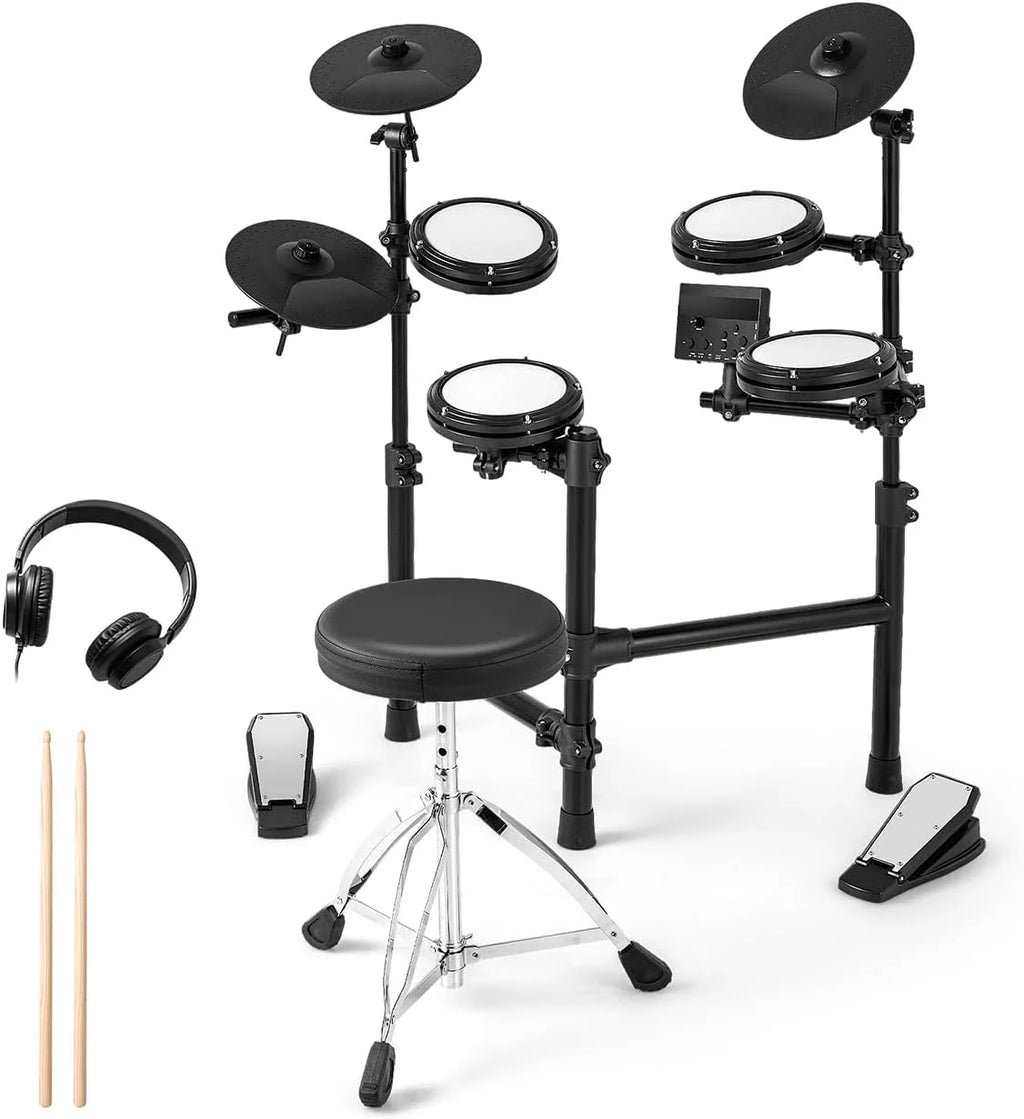 GOPLUS Bateria Eletrônica Completa Dobrável com 150 Sons, Pads de Malha, Pratos de Silicone, 10 Músicas, 9 Tipos de Metrônomo, USB Midi, 2 Pedais, 2 Baquetas, Assento Ajustável
