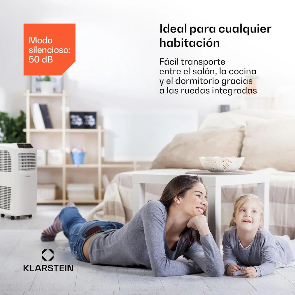 Klarstein Ar Condicionado Portátil e Silencioso, Resfriador de Ar 4 em 1 para Casas e Escritórios com Modo Noturno, com Controle Remoto e Desumidificador, Ar Condicionado de Baixo Consumo 7.000 BTU Branco