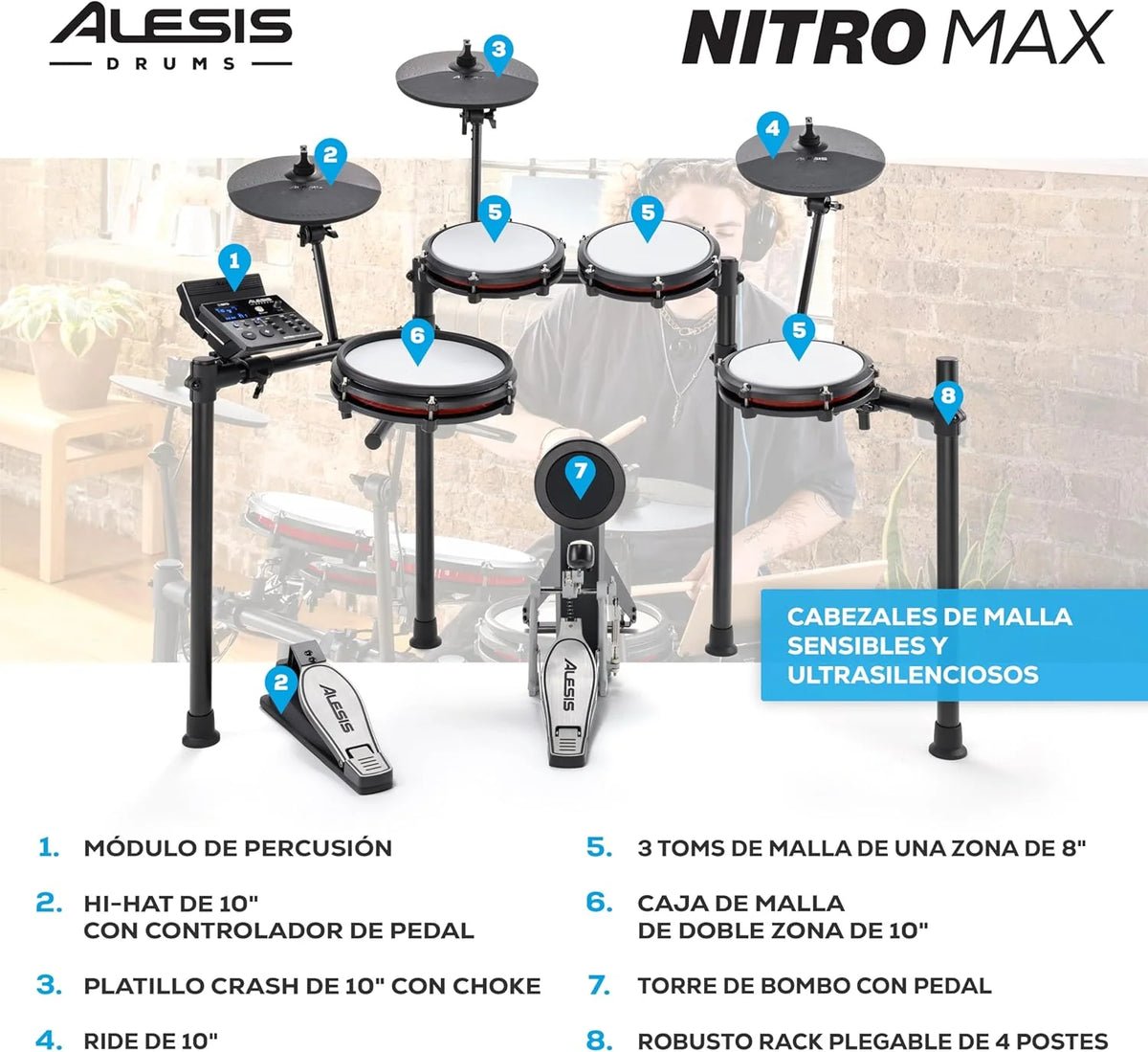 Alesis Nitro Max Kit Bateria Eletrônica com Pads de Mesh Silenciosos, Caixa Dual-Zone de 10", Bluetooth, Mais de 440 Sons Autênticos, Aulas Drumeo, USB MIDI, Pedal de Bumbo