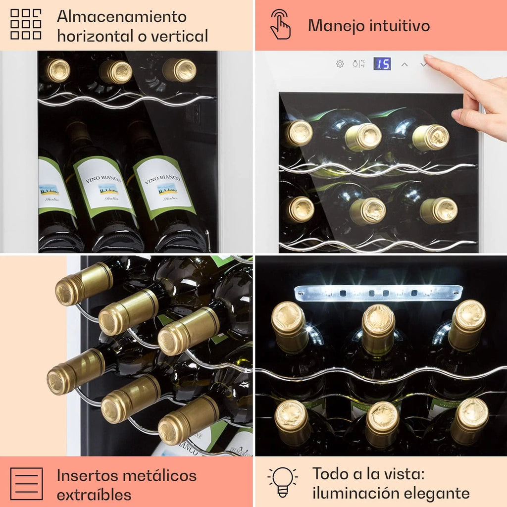 KLARSTEIN Vinoteca para Vinhos 44L Frigorífico para Vinhos Uma Zona, Garrafas de Vinho, Prosecco e Cervejas, Vinoteca Pequena Porta de Vidro para Interior e Exterior, Frigorífico para Vinhos Capacidade 15 Garrafas