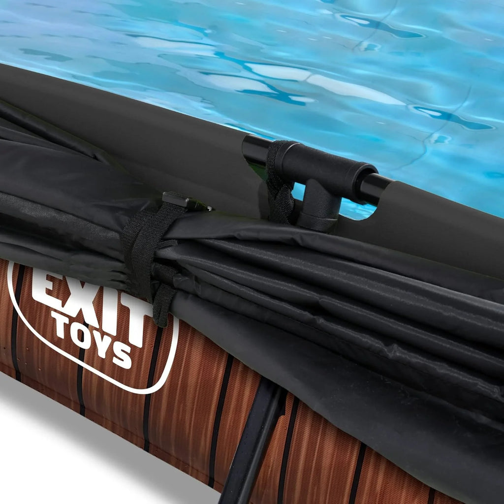 EXIT Toys Wood Pool com Toldo Solar - 220x150x65cm - Piscina de Estrutura Retangular Compacta com Bomba de Filtro de Cartucho - Proteção UV Ótima - Fácil Acesso - Design Exclusivo - Marrom