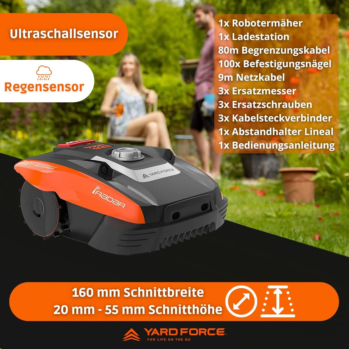 Yard Force Compact 300RBS Robô Cortador de Grama até 300 m² com controle Bluetooth e aplicativo, motor sem escovas, bateria 20 V/2,0 Ah, preto/laranja