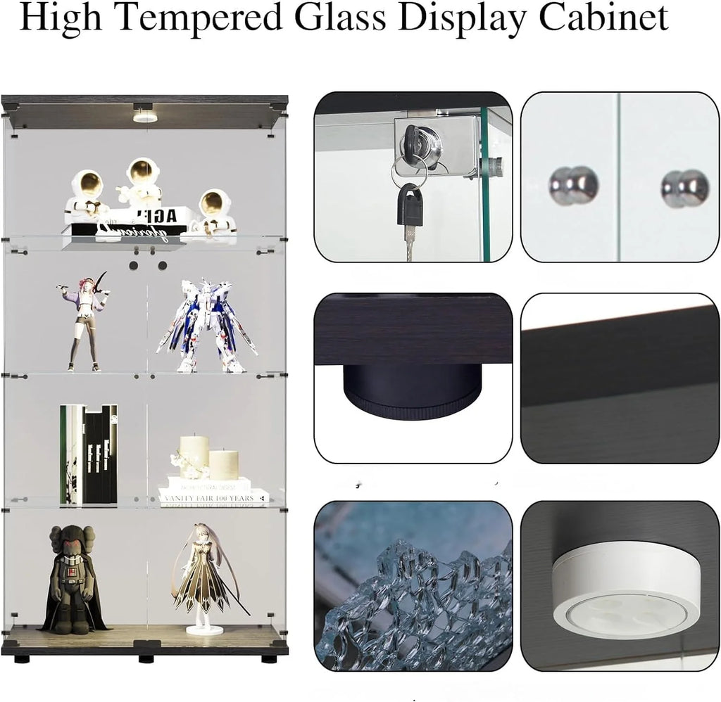 Vitrine de Vidro com Iluminação, Porta com Fechadura, 4 Prateleiras - Vitrine Grande para Coleções, Vitrine de Chão para Sala ou Escritório (Fundo Espelhado)