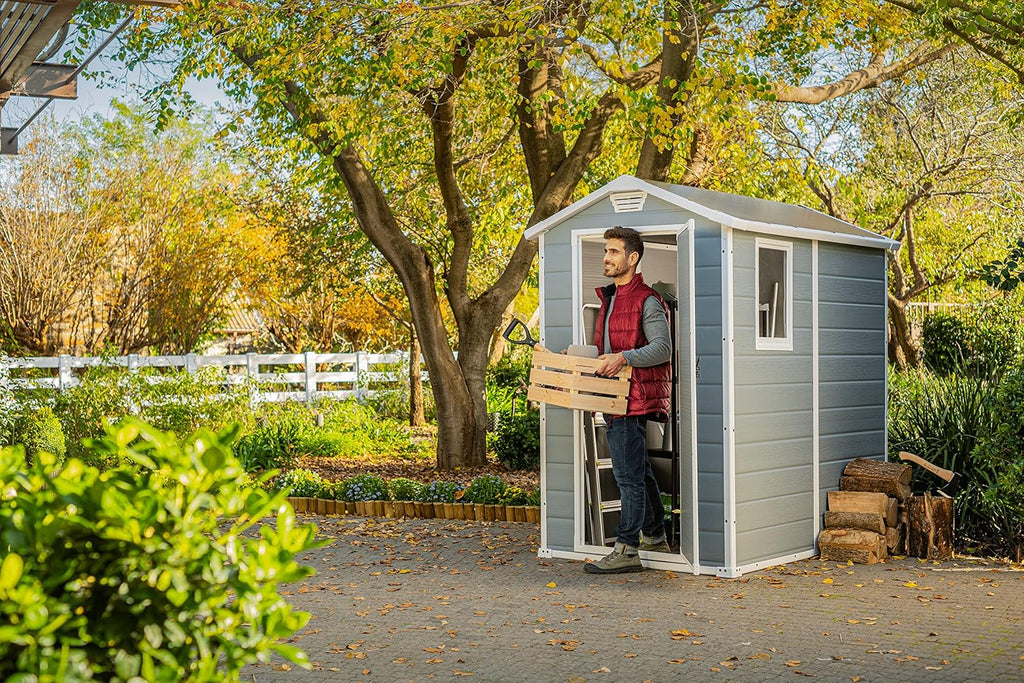 Keter Manor 4X6 - Galpão de Jardim, 130x192x198cm e 2,2m2, Chão, Sistema de Ventilação, Porta e Janela, Resistente à Água, Cor Cinza