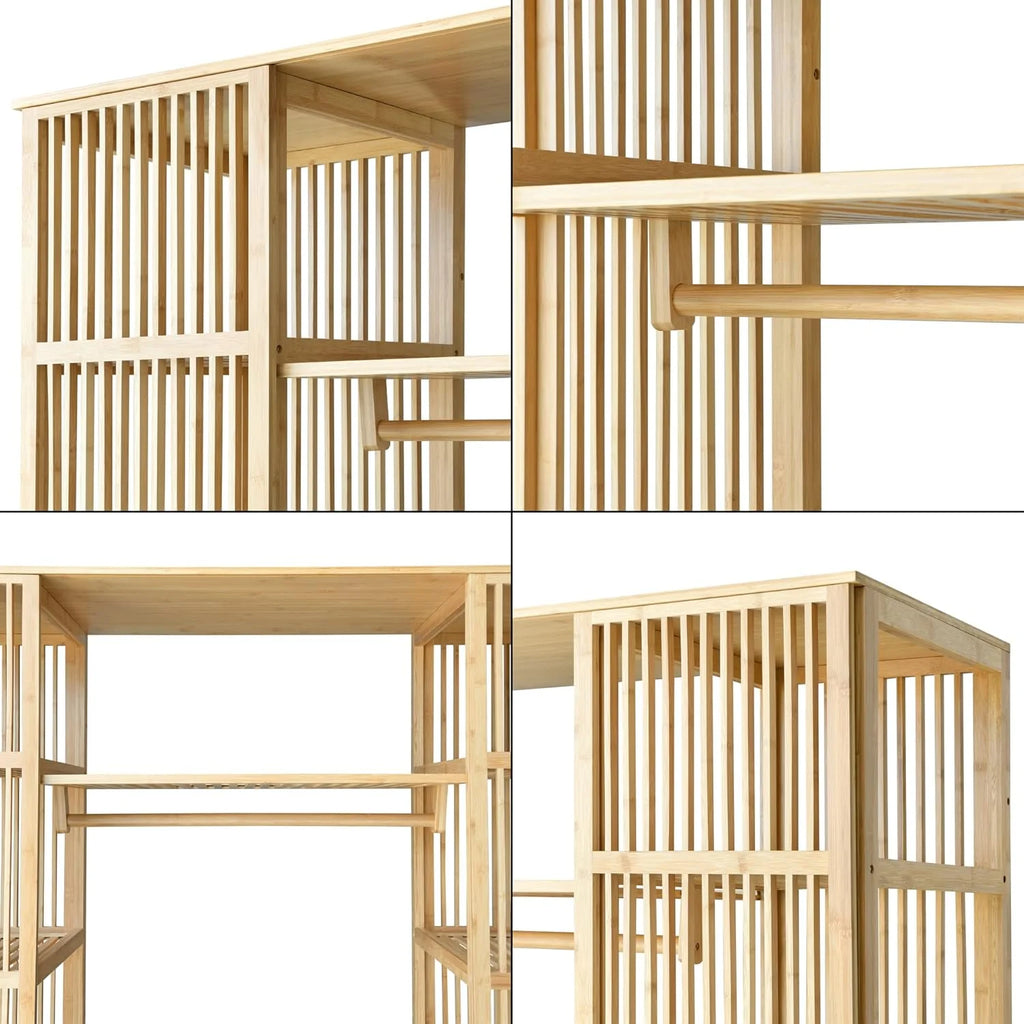 [en.casa] Guarda-Roupa com 2 Portas Deslizantes Roupeiro com 12 Prateleiras e 1 Varão de Bambu 185 x 140 x 45 cm Natural